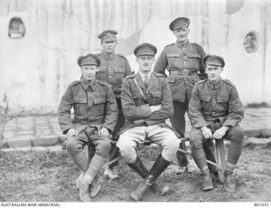 Figure 3: Staff of 5th Malaria Diagnosis Station attached to 5th Cavalry Division at Homs, Syria in Jan 1919; front row PTE. A. J. Hardy, CAPT. C. C. Chesterman, PTE. Jeffery; back row unidentified batman and RASC driver. Australian War Memorial photo B01051 