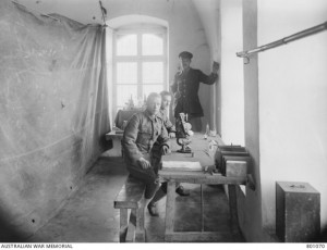 Figure 4: 5th Malaria Diagnosis Station when attached to 5th Light Horse Casualty Clearing Station in Damascus, Syria Oct 1918; PTE. Hardy, PTE. Jeffery, CAPT. Chesterman (standing); Australian War Memorial photo B01070